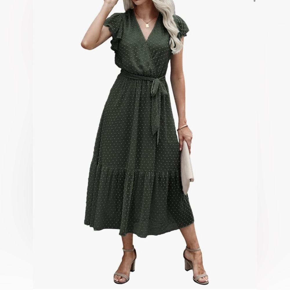 Green Maxi Wrap Dress with Flutter Sleeves Swiss Dot